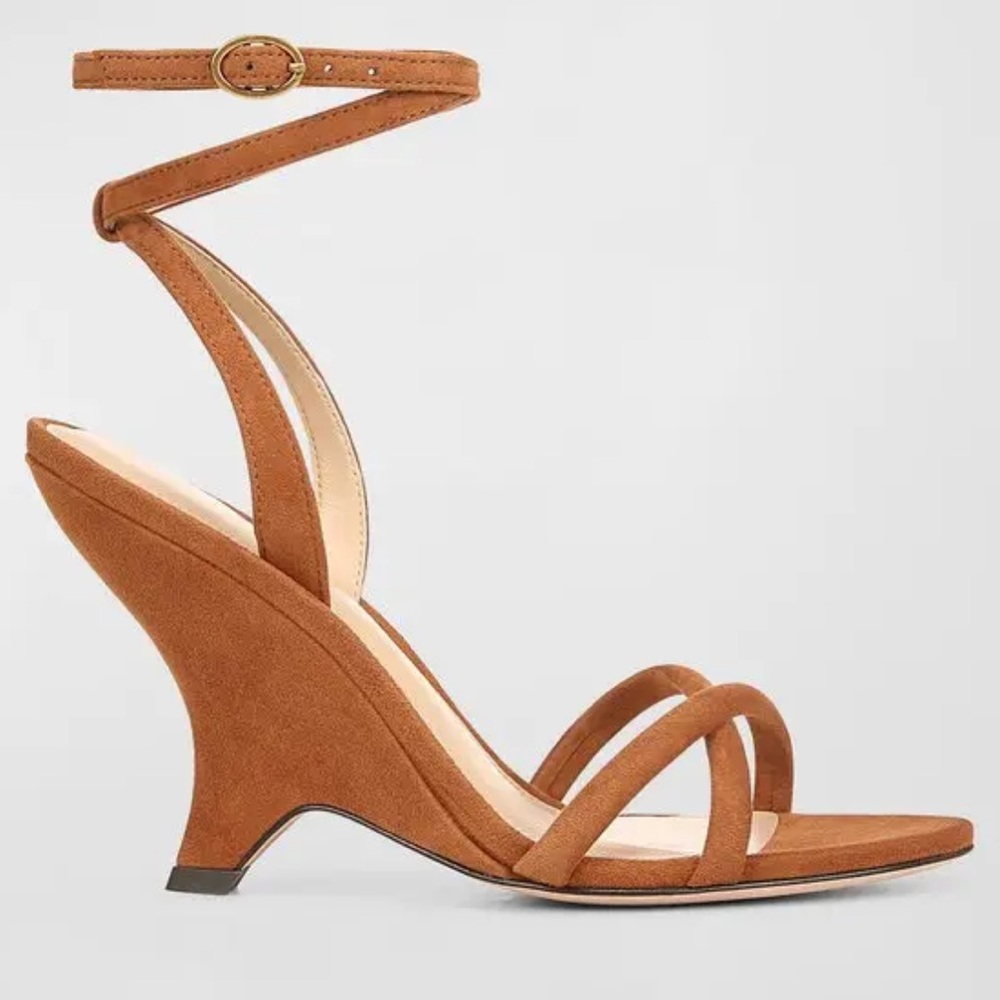 Veronica Beard Cognac Suede Curved Wedge Ankle-Strap Sandals